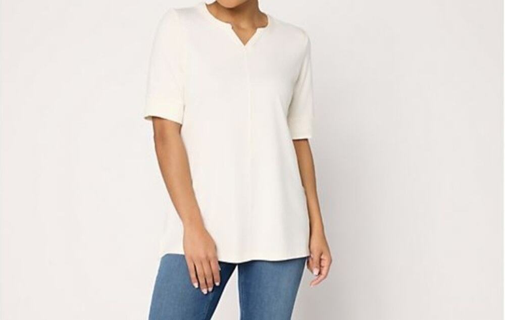 Denim & Co Soft Jersey Split Neck Tunic Cream PM A716667 NWOT